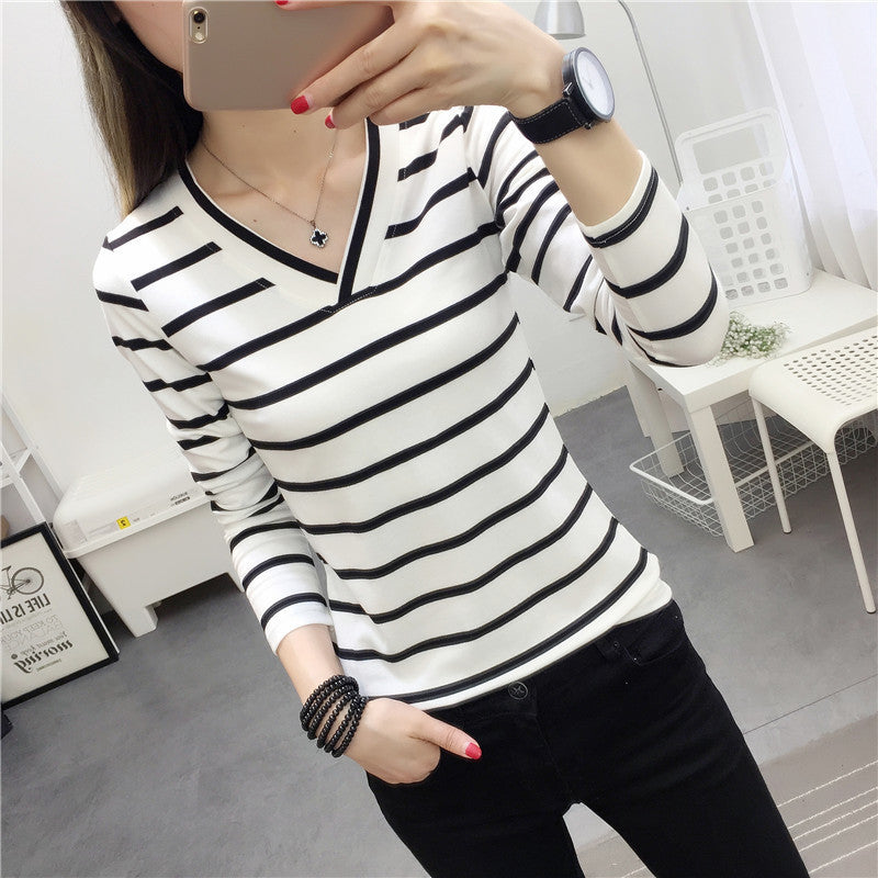 GIRLS V-neck Long Sleeve CONTRAST LINES T.SHIRT