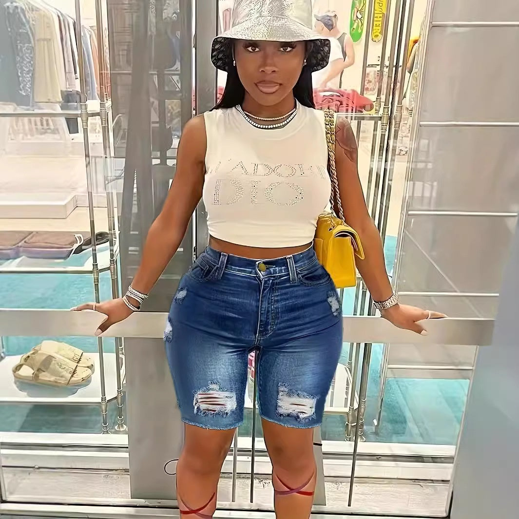 GIRLS & WOMEN'S High-waisted Slim-fit Ripped Women's Denim Shorts