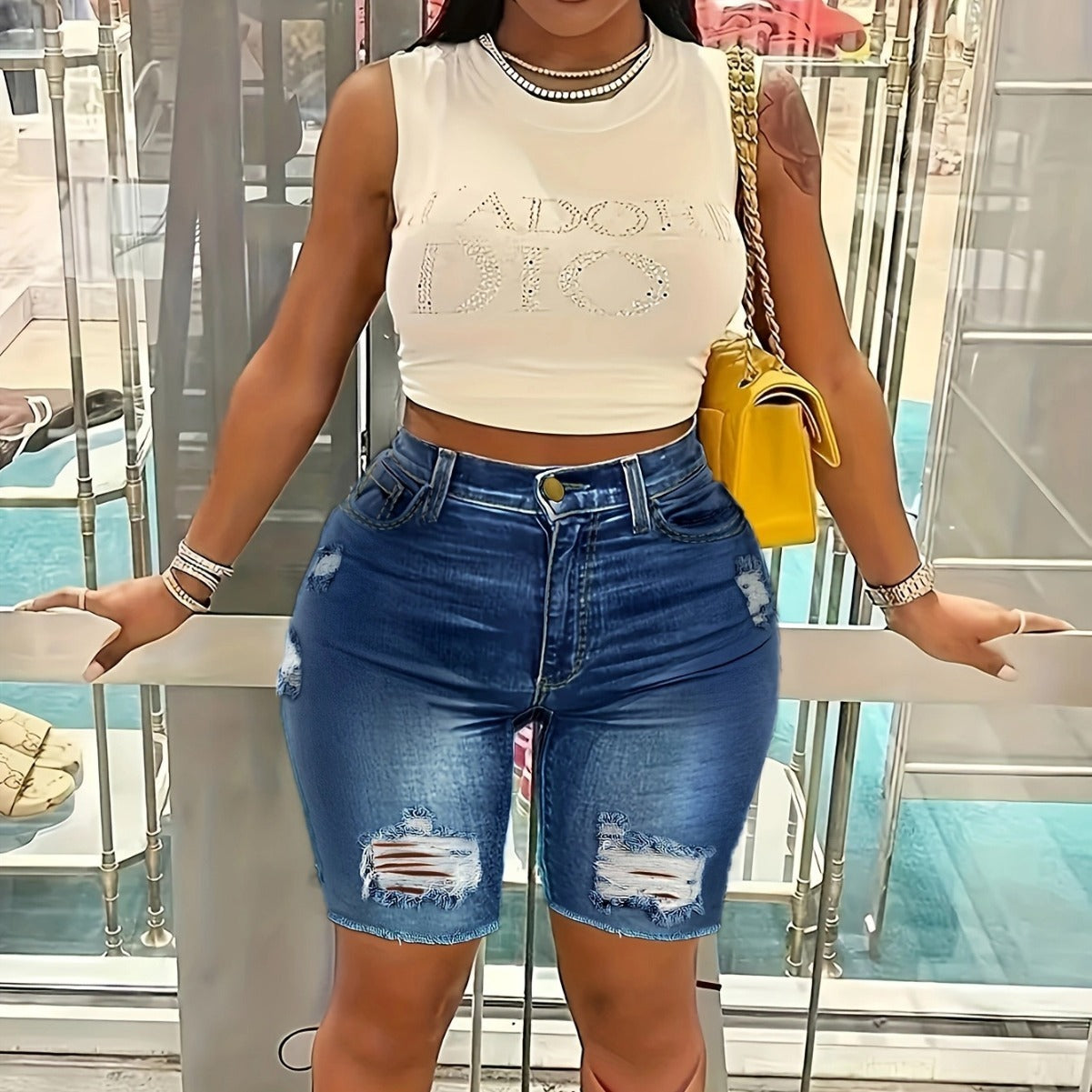 GIRLS & WOMEN'S High-waisted Slim-fit Ripped Women's Denim Shorts