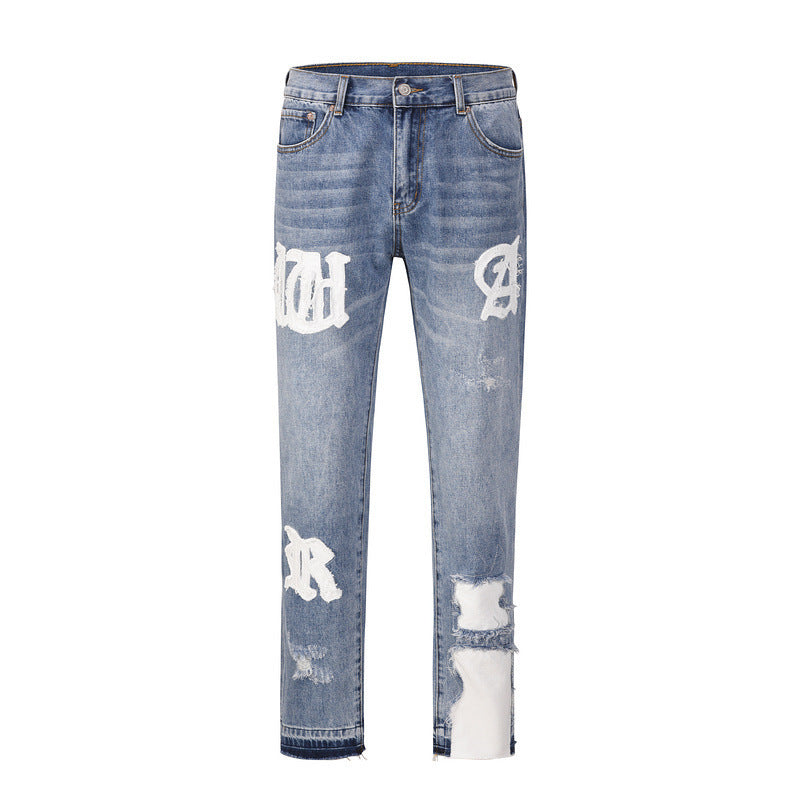 Patchwork Worn Cat Whiskers Denim Beggar Pants